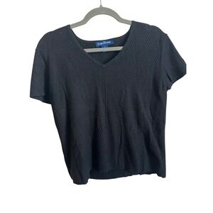 Evan-Picone Black V-Neck Ribbed Short Sleeve Sweater‎ Top Size L